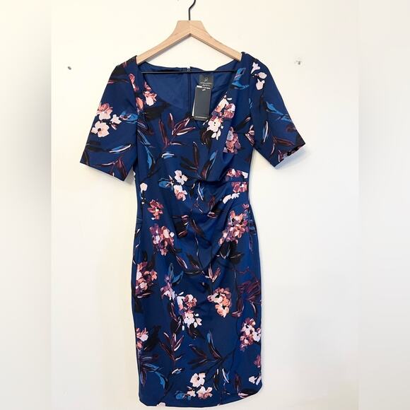 Adrianna Papell NWT blue floral short sleeve dress wedding guest office ruched - Picture 1 of 9